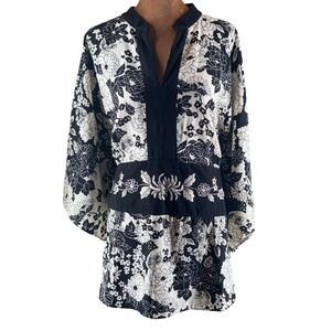 Silkland Blouse Women's 1X Black White Floral Embroidered Kimono Sleeve EUC